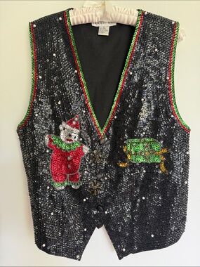 Summit Hill Women’s Black Sequin Holiday Vest with Red & Green Accents